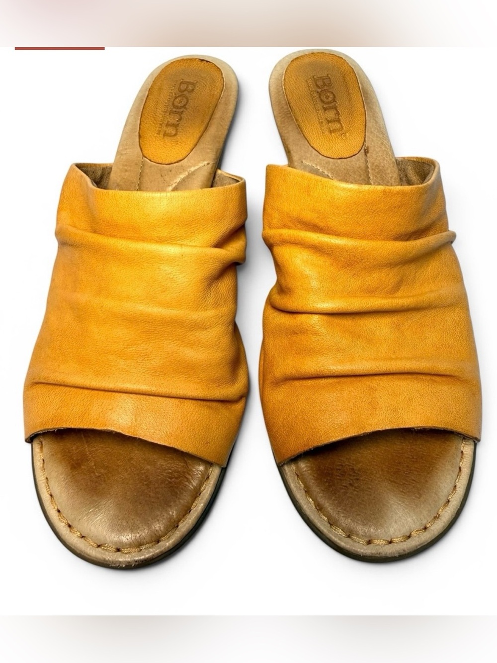 Born golden yellow leather slide sandals size 7 ruched open toe stacked heel